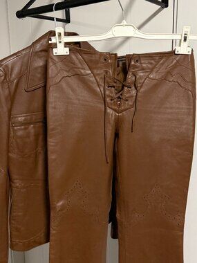 Sassy Caramel Brown Leather Lace-Up Pants from Sandra Angelozzi: Western Flair w